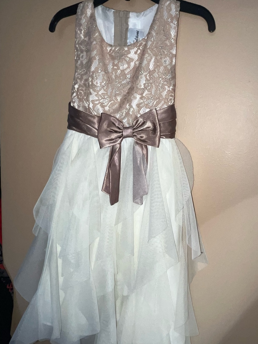 Girls Ivory Tulle Party Dress with Champagne Lace Bodice and Satin Bow Size 5